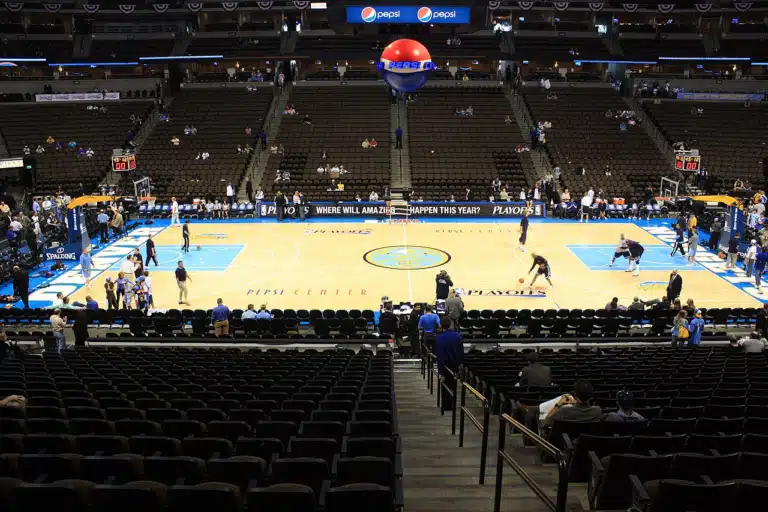 Nuggets season preview: the court at Ball Arena (then Pepsi Center), home of the Denver Nuggets, before a playoff game