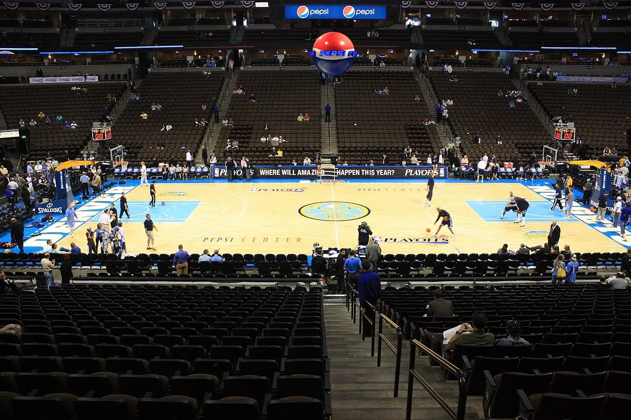 Nuggets season preview: the court at Ball Arena (then Pepsi Center), home of the Denver Nuggets, before a playoff game